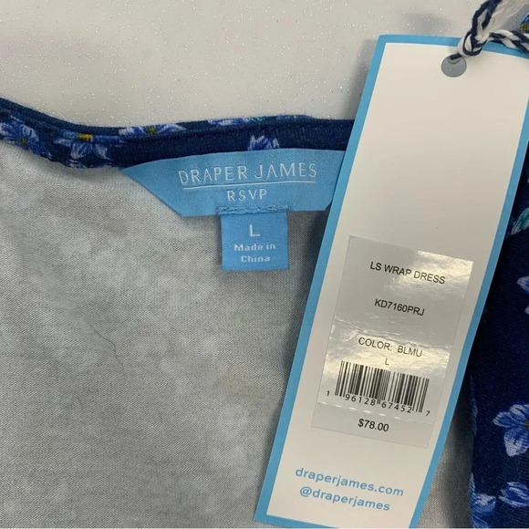 Draper James RSVP Wrap Dress Large  Blue Floral Midi Pockets Stretch Long Sleeve - Picture 10 of 13